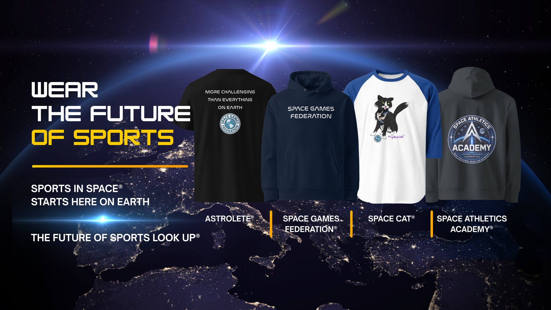 Wear the future of sports — Astrolete, Space Games Federation, Space Cat and Space Athletics Academy apparel